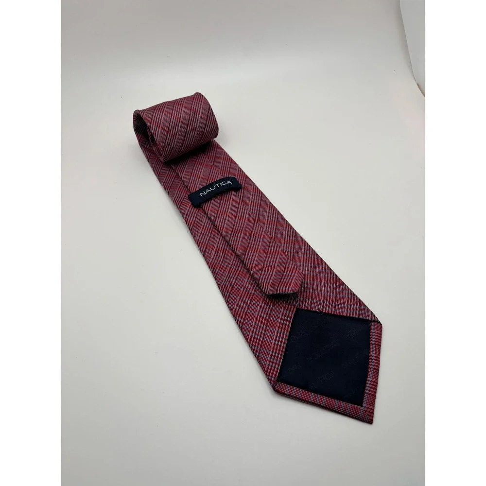 Nautica Mens Red Blue Plaid Textured Silk Blend Necktie Formal Business Tie